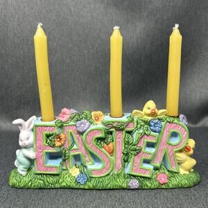 Vtg Easter Ceramic Candle Holder Bunny Chick Pastel Letters Spring Decor Kitschy